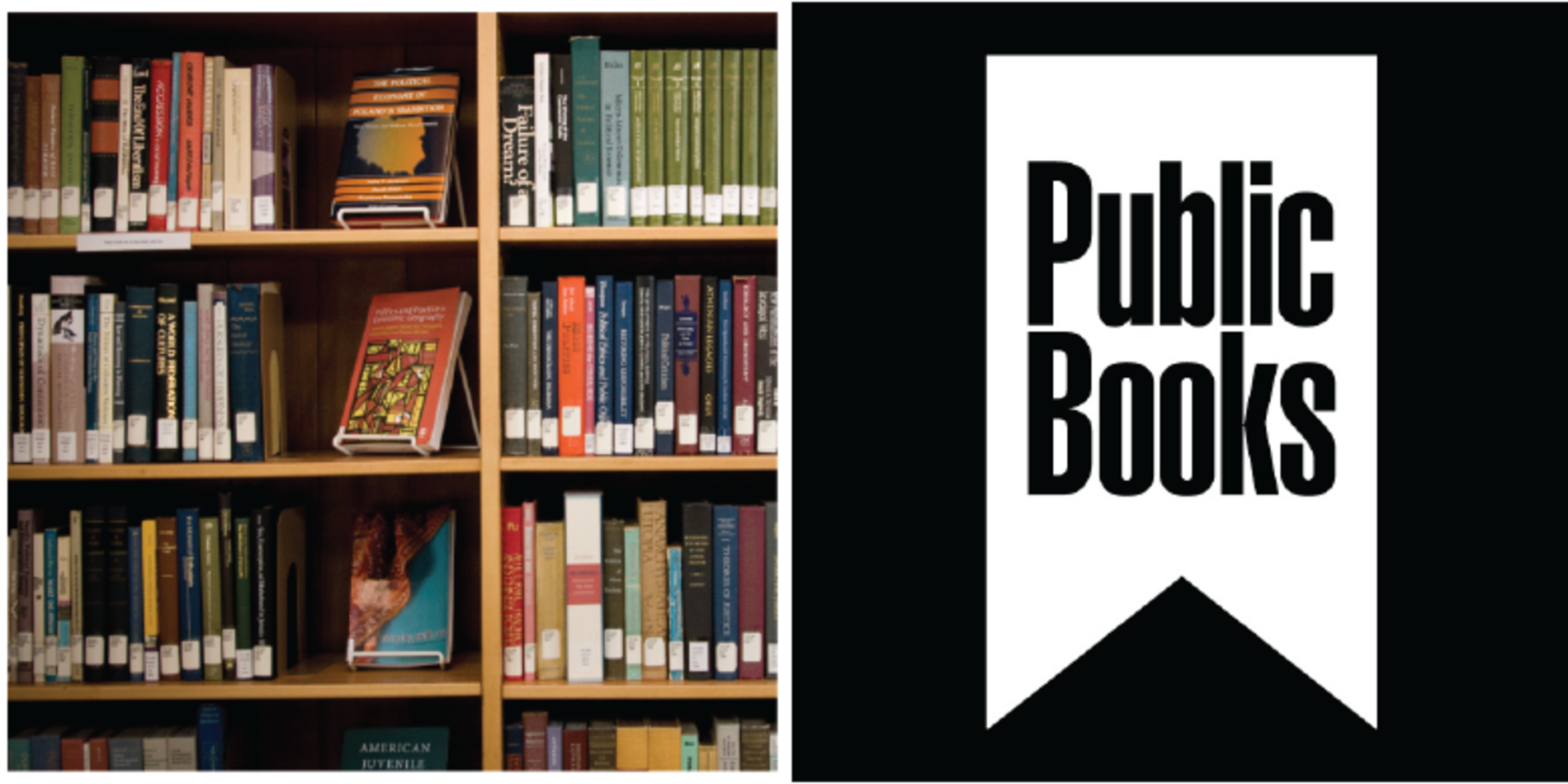 a library shelf and the Public Books logo