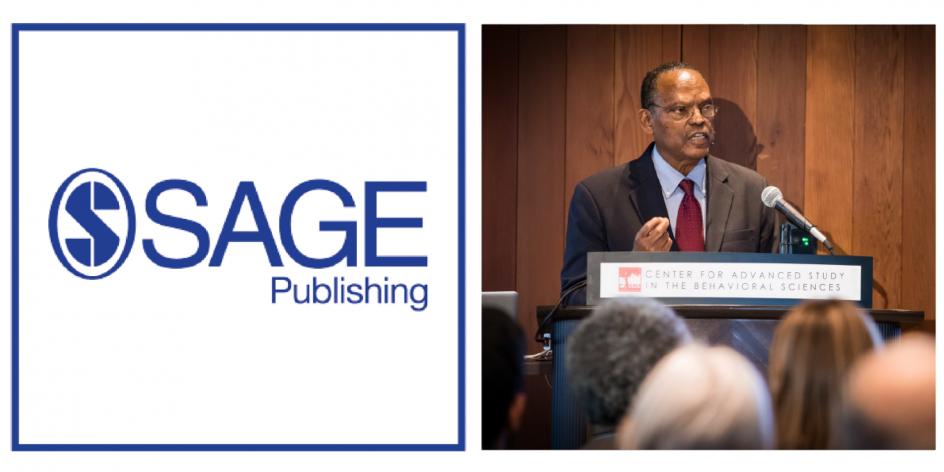 SAGE Publishing logo and an awarded speaker giving a speech at CASBS