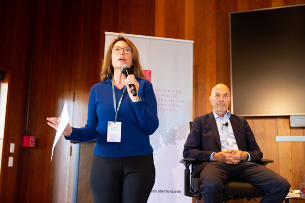 CASBS director Lara Tiedens welcomes attendees and begins event