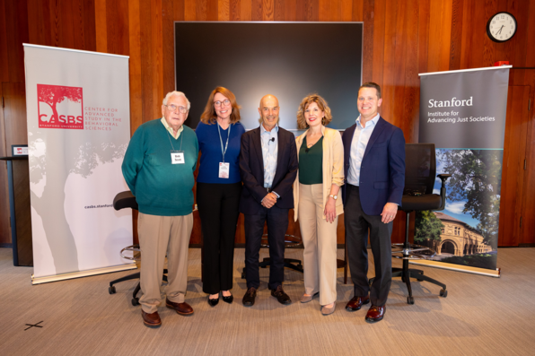 Posed shot of Bob Scott, Lara Tiedens, Ian Goldin, Rachel Peric, and Tomas Jimenez shortly after event's conclusion