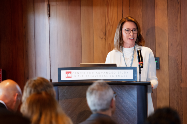 close-up of CASBS director Lara Tiedens introducing the event