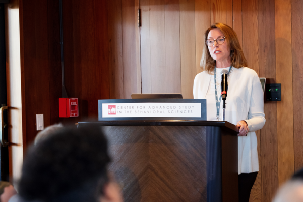 Close-up of CASBS director Lara Tiedens introducing the event