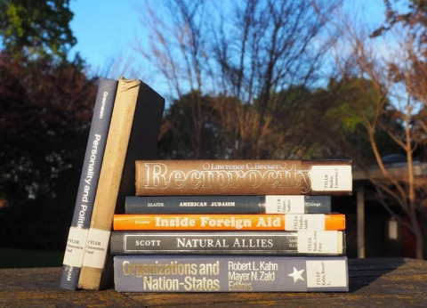 A display of six Tyler books in one of CASBS's outside spaces.