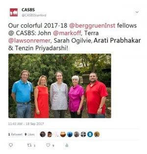 A tweet by CASBS welcoming John Markoff, Terra Lawson-Remer, Sarah Ogilvie, Arati Prabhakar, Tenzin Priydarshi