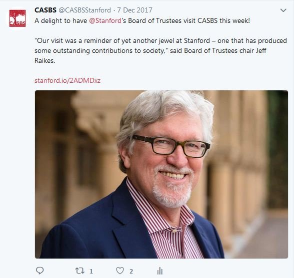 A tweet expressing gratitude to the Stanford Board of Trustees for visiting CASBS