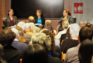 The two panelists, sociologist Rene Almeling and law and bioethics expert Alta Charo, with guest moderator Debra Satz