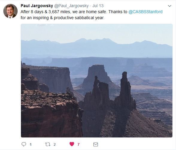 A tweet of a picture of a canyon, with text reading “Thanks to @CASBStanford for an inspiring and productive sabbatical year.”