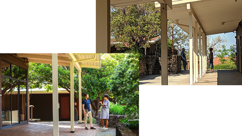 Two photos of fellows talking on circulation corridors
