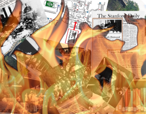 collage of news articles and map of CASBS with flames superimposed on top to indicate the act of arson