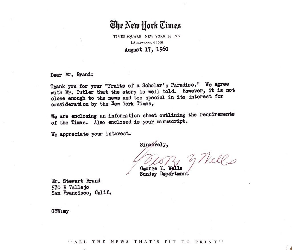Letter from NYT to Brand declining to publish 'Fruits of a Scholar's Paradise'