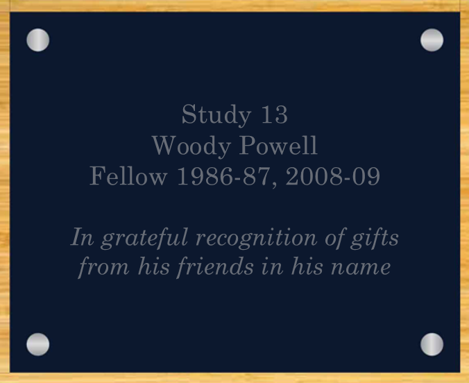 A graphic rendering of the plaque that will be mounted outside study #13 in honor of Woody Powell
