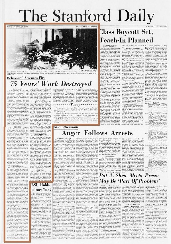 Stanford Daily front page scan reading "Behavioral Sciences Fire: 75 Years' Work Destroyed"