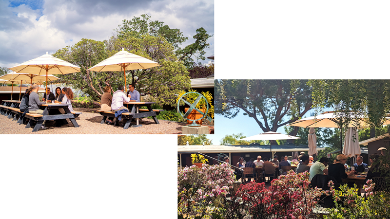 Two photos of different parts of the dining patio