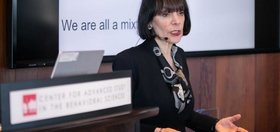 Carol Dweck in front of a slide that reads “Growth mindset: intelligence can be developed”